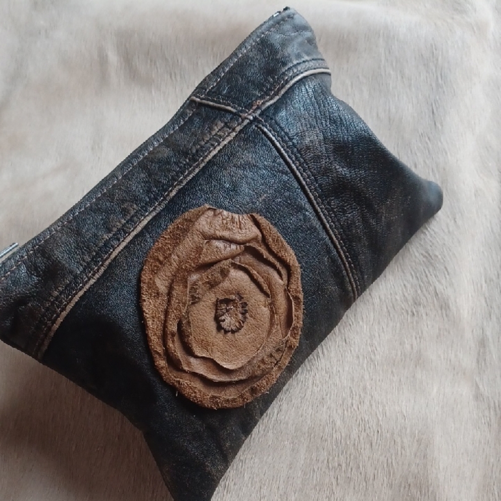 Leather  Clutch with  Flower Accent